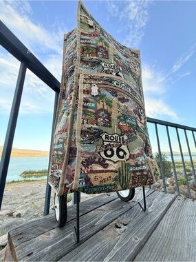 Route 66 Tapestry-Style Travel Bag in Beige, Teal, Brown